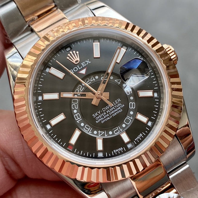 SKY-DWELLER TWO-TONE 42 ROSE GOLD BEZEL BLACK DIAL