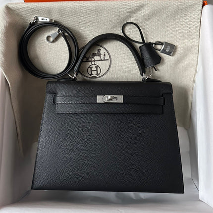 HM KELLY 25CM BLACK EPSOM SILVER HARDWARE