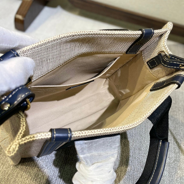 SMALL STRAP WOODY TOTE BAG 26.5 IN BEIGE LINEN CANVAS BLACK WEBBING DARK BLUE CALFSKIN