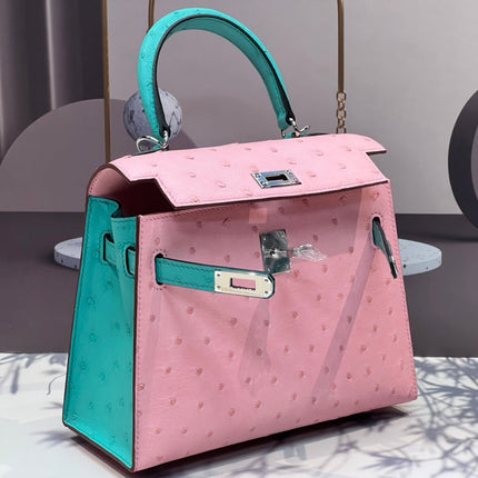KELLY BAG 20 IN FLAMINGO PINK MIX CYAN BLUE OSTRICH LEATHER WITH SILVER HARDWARE
