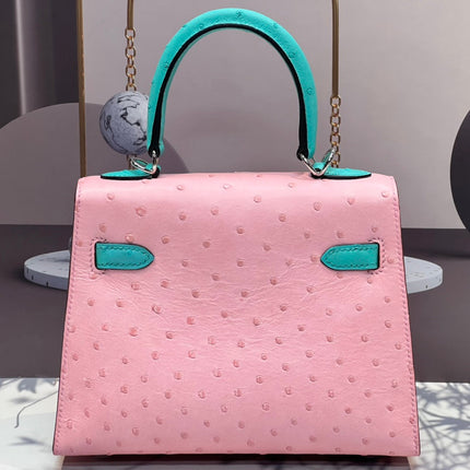 KELLY BAG 20 IN FLAMINGO PINK MIX CYAN BLUE OSTRICH LEATHER WITH SILVER HARDWARE