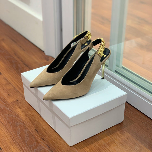 BALMAIN 26S SLINGBACK 95 MM IN LIGHT BROWN SUEDE WITH GOLD HARDWARE
