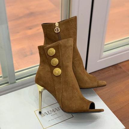 BALMAIN 26S OPEN-TOE BOOTS 95 MM IN BROWN SUEDE