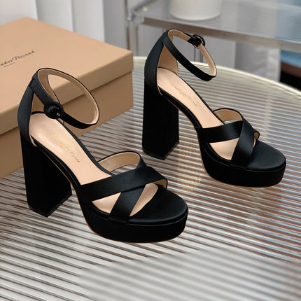 GIANVITO ROSSI 26S PLATFORM SANDALS 115 MM IN BLACK SATIN