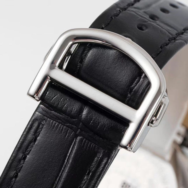 PASHA DE CARTIER WATCH ROSE GOLD AND SILVER CASE AND BLACK LEATHER STRAP