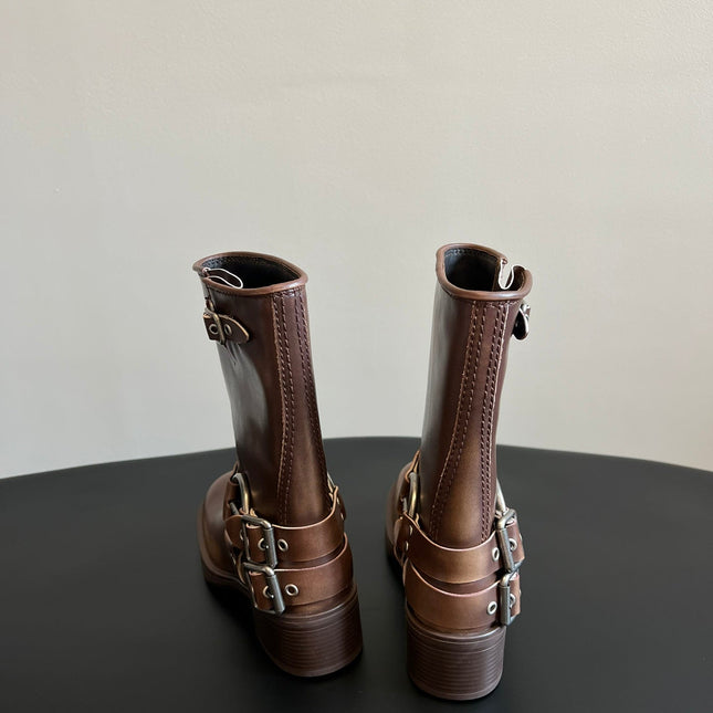 MIUMIU 26S MID-CALF BOOTS IN BROWN CALFSKIN SILVER HARDWARE