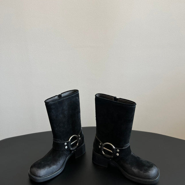 MIUMIU 26S MID-CALF BOOTS IN BLACK SUEDE SILVER HARDWARE