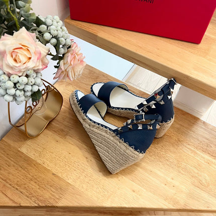 VALENTINO 26S WEDGE SANDALS IN DARK BLUE CALFSKIN