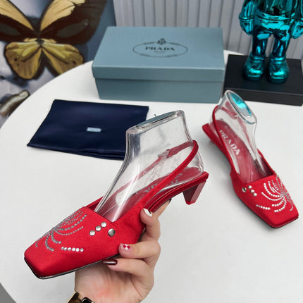 PRADA 26S SLINGBACK PUMPS 40MM IN DARK RED SATIN CRYSTAL EMBELLISHED