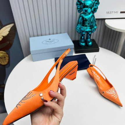 PRADA 26S POINTED TOE SLINGBACK 40MM IN ORANGE SATIN CRYSTAL EMBELLISHED