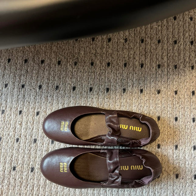 MIUMIU 26S BALLERINAS IN DARK BROWN RUCHES NAPPA CALFSKIN