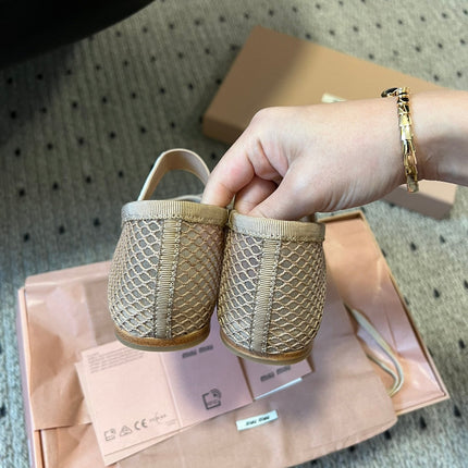 MIUMIU 26S BALLERINAS IN BEIGE MESH FABRIC WITH BOW