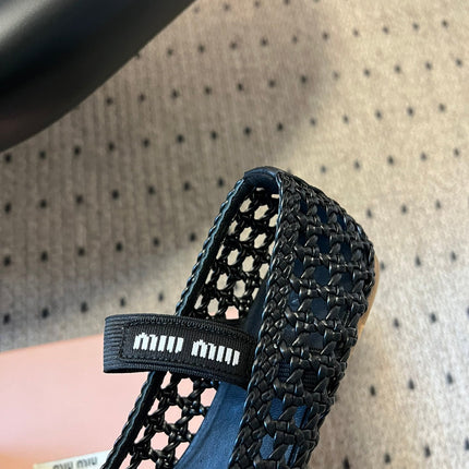 MIUMIU 26S BALLERINA FLATS IN BLACK MESH SHEEPSKIN