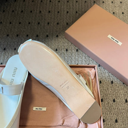 MIUMIU 26S BALLET MULES IN WHITE CREAM SATIN WITH BOW