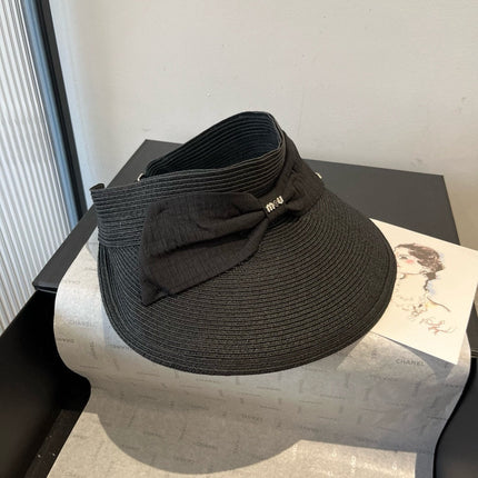 MIUMIU OPEN-TOP STRAW HAT IN BLACK WITH LARGE BOW