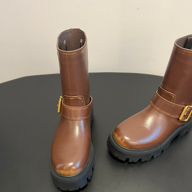 PRADA 25S PLATFORM ANKLE BOOTS IN BROWN CALFSKIN WITH GOLD HARDWARE