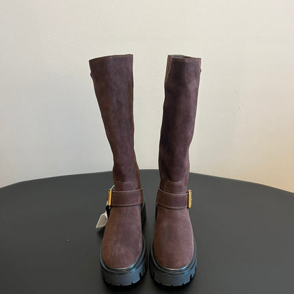 PRADA 25S HIGH-CUT PLATFORM BOOTS IN BROWN SUEDE WITH GOLD HARDWARE
