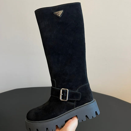 PRADA 25S HIGH-CUT PLATFORM BOOTS IN BLACK SUEDE WITH SILVER HARDWARE