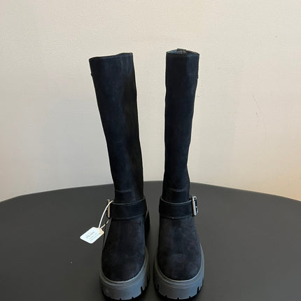 PRADA 25S HIGH-CUT PLATFORM BOOTS IN BLACK SUEDE WITH SILVER HARDWARE