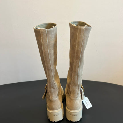 PRADA 25S HIGH-CUT PLATFORM BOOTS IN DARK BEIGE SUEDE WITH GOLD HARDWARE
