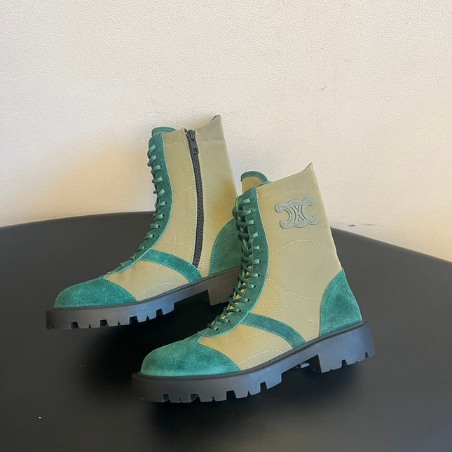 CELINE 26S LACE-UP ANKLE BOOTS IN TEAL GREEN SUEDE AND GRAYISH GREEN LAMBSKIN
