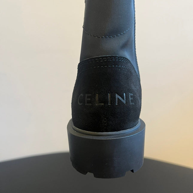 CELINE 26S LACE-UP ANKLE BOOTS IN BLACK SUEDE AND FABRIC