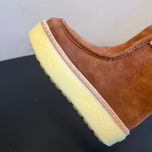 PRADA 25S PLATFORM ANKLE BOOTS 40 MM IN BROWN SUEDE SHEARLING-LINED