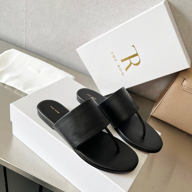THE ROW 26S FLAT THONG SANDALS IN BLACK CALFSKIN