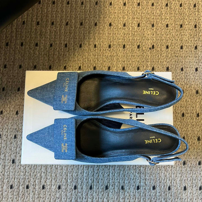 CELINE 26S HIGH-HEEL SLINGBACK 55 MM IN BLUE DENIM