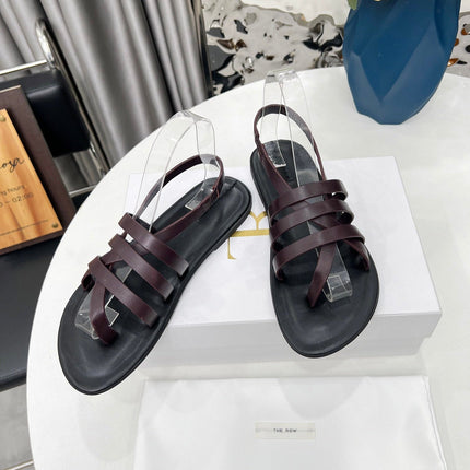 THE ROW 26S MINIMAL STRAPPY FLAT SANDALS IN WINE RED CALFSKIN