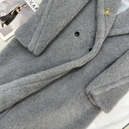 MAX MARA LONG COAT IN LIGHT GREY WOOL WITH CRYSTAL CHARM