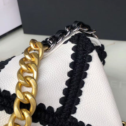 CC FLAP BAG 26 IN WHITE AND BLACK CALFSKIN GOLD HARDWARE