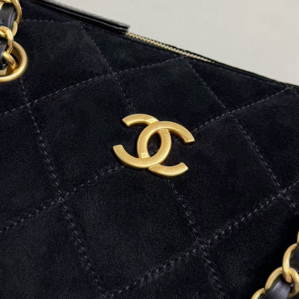 CHANEL BOWLING BAG 24 IN BLACK SUEDE WITH ANTIQUE GOLD HARDWARE
