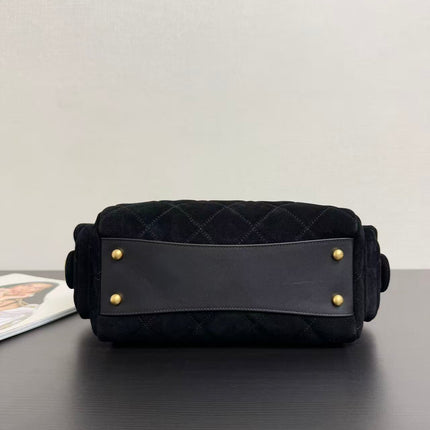 CHANEL BOWLING BAG 24 IN BLACK SUEDE WITH ANTIQUE GOLD HARDWARE