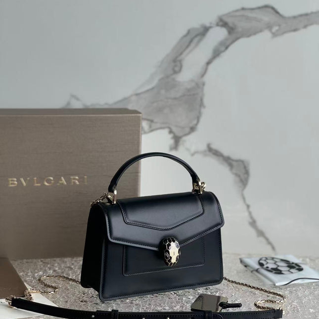 BULGARI SERPENTI FOREVER TOP 19 HANDLE BAG IN BLACK CALFSKIN GOLD HARDWARE