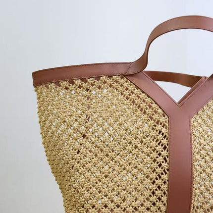 YSL Y TOTE 50 IN BEIGE RAFFIA GOLD HARDWARE