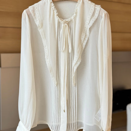 CHLOE RUFFLED LACE-TRIMMED COLLAR SILK-CHIFFON BLOUSE IN WHITE