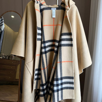 BURBERRY 26S DOUBLE-FACED REVERSIBLE CHECK HOODED CAPE IN BEIGE