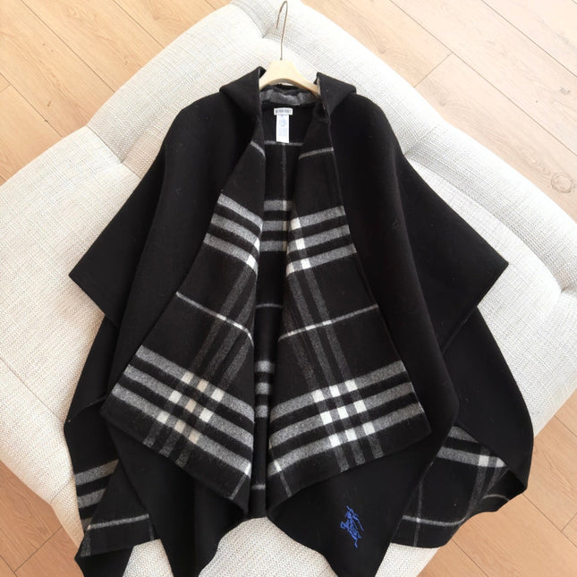 BURBERRY 26S DOUBLE-FACED REVERSIBLE CHECK HOODED CAPE IN BLACK