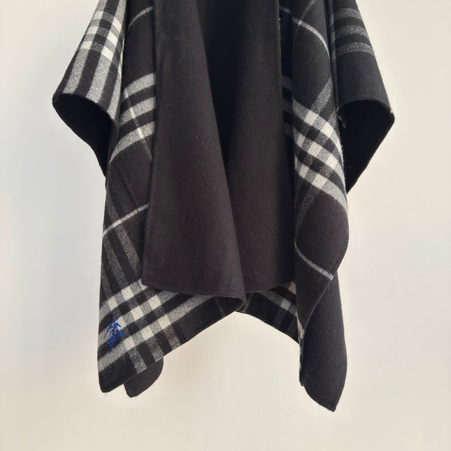 BURBERRY 26S DOUBLE-FACED REVERSIBLE CHECK HOODED CAPE IN BLACK