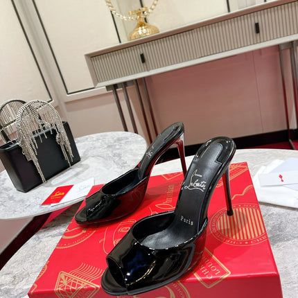 DOLLY SLIDE SANDALS 100MM IN BLACK CALFSKIN 14526