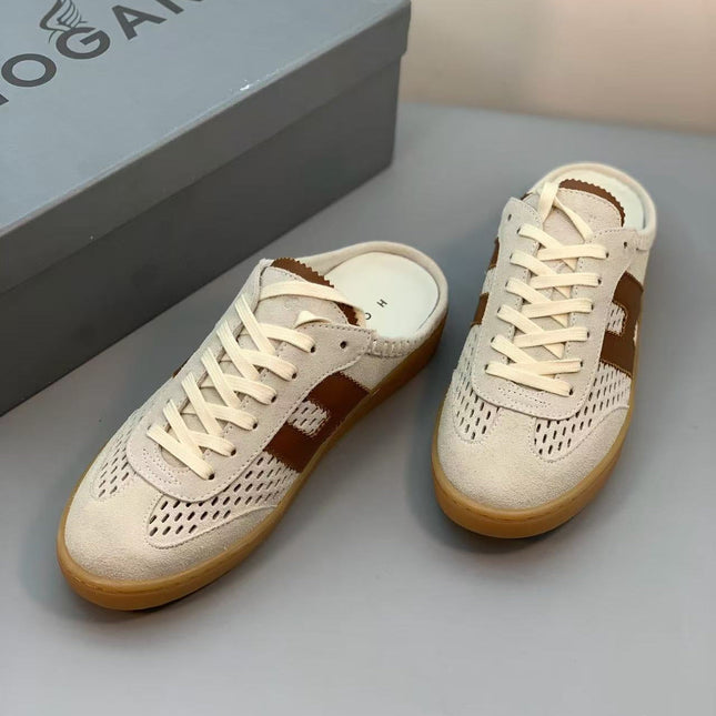 HOGAN 26S H MOTIF LACE-UP MULE IN ECRU & BROWN SUEDE