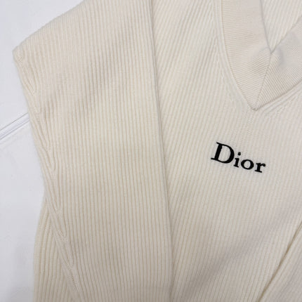 DIOR 26S V-NECK RIBBED SWEATER IN IVORY COTTON KNIT