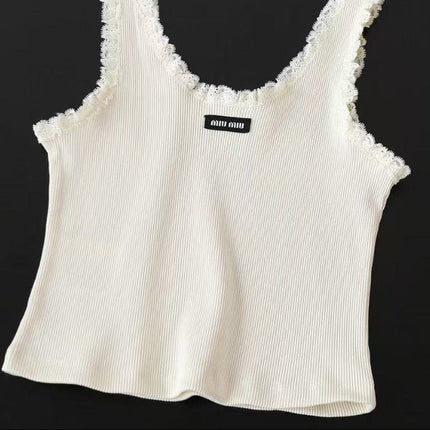 MIU MIU LACE-TRIM TANK TOP IN WHITE