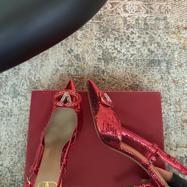 VALENTINO 26S SLINGBACKS 75 MM IN METALLIC RED SNAKESKIN