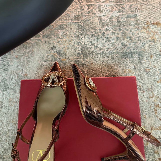 VALENTINO 26S SLINGBACKS 75 MM IN METALLIC BRONZE SNAKESKIN