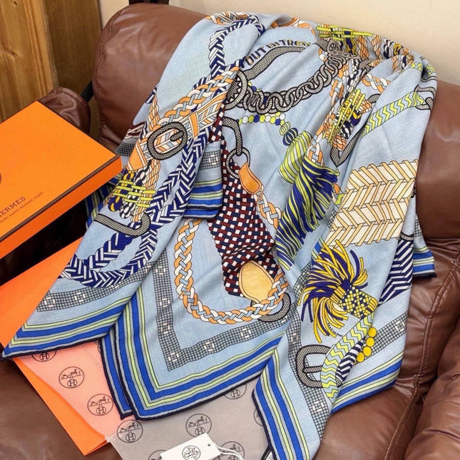 HERMES 26S PRINTED SQUARE SCARF 135 IN CASHMERE AND SILK 307245
