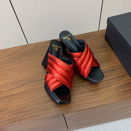 BALMAIN 26S QUILTED PLATFORM MULES 105 MM IN METALLIC RED CALFSKIN