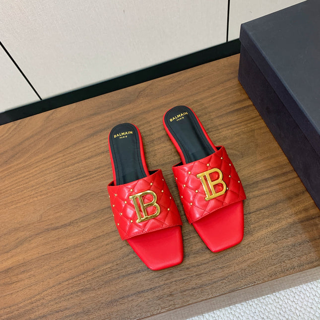 BALMAIN 26S QUILTED MULES IN RED CALFSKIN
