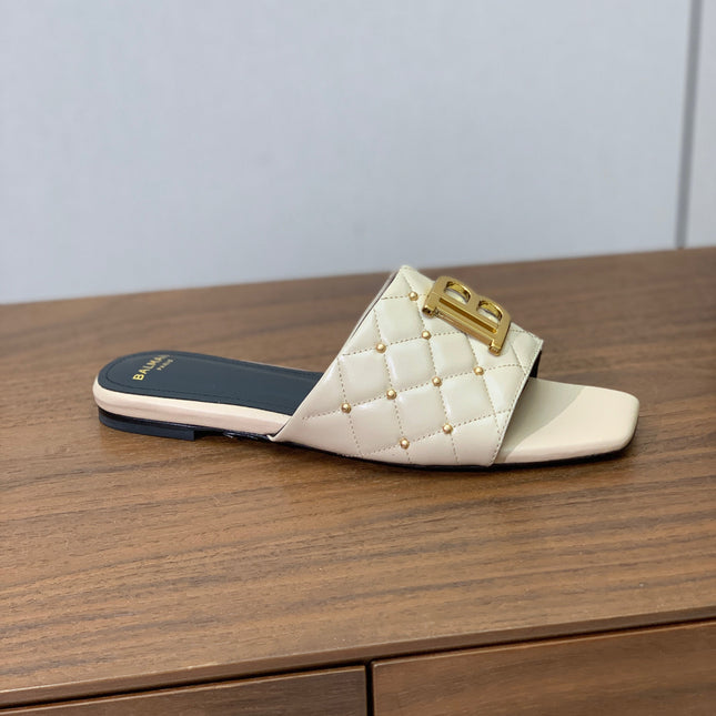 BALMAIN 26S QUILTED MULES IN BEIGE CALFSKIN
